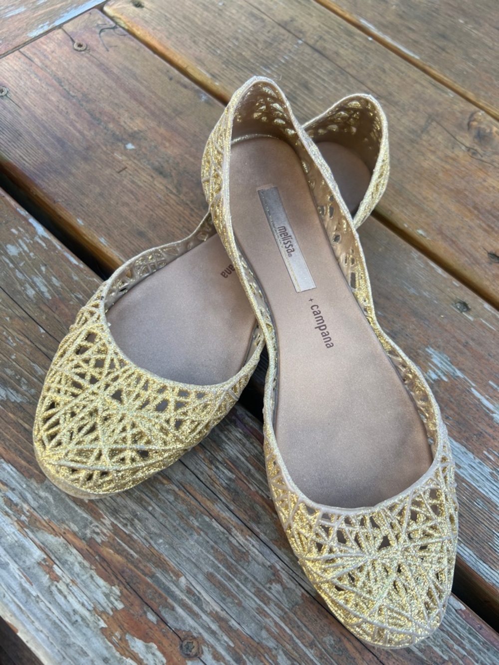 Melissa Compana Gold Glitter Lattice Jelly Flats